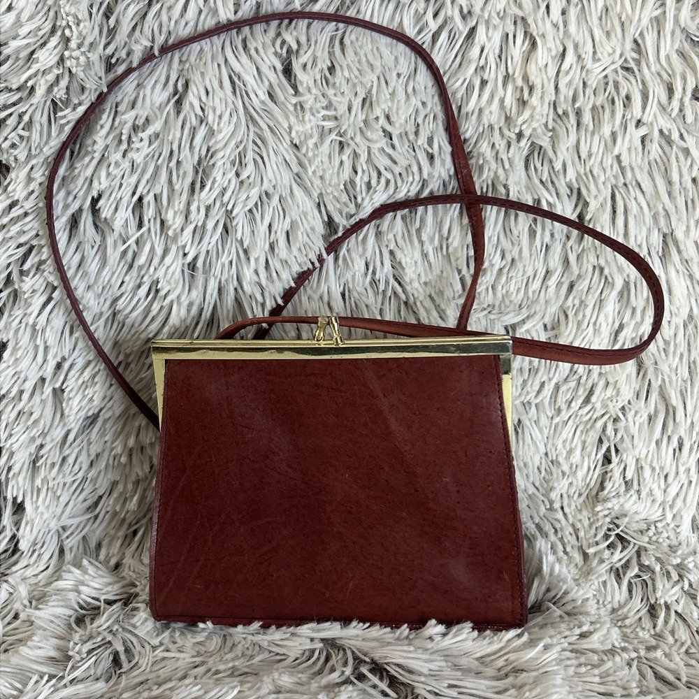 Vintage Genuine Leather Small Shoulder Bag Oxblood‎ Clutch Gold Clasp 70's Purse
